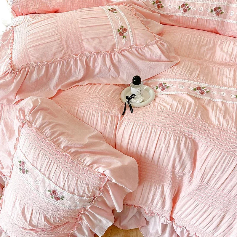 Decobites Princess Pink Lace Gauze Bedding Set Queen Duvet Cover Elegant Ruffled Comforter