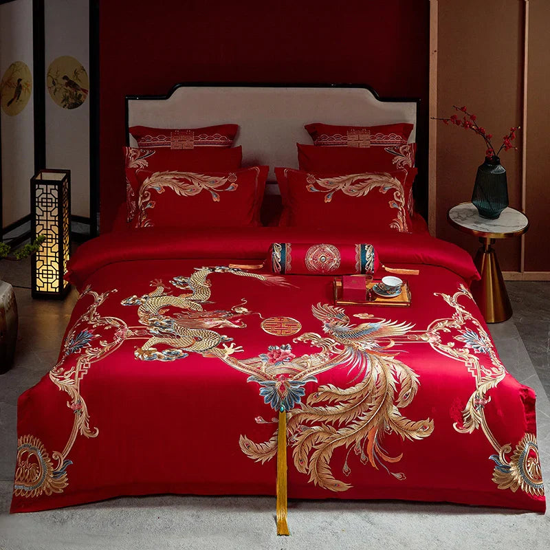 Decobites Red Chinese Wedding Luxury Bedding Set with Dragon Phoenix Embroidery