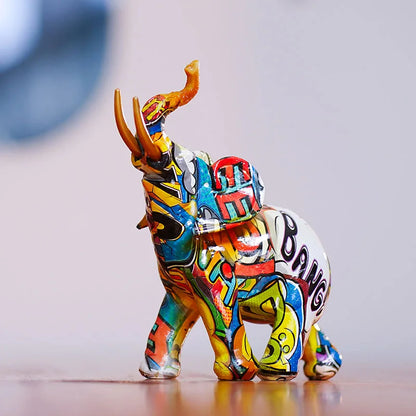 DecorBites™ Elephant Resin Figurine: Graffiti Animal Statue for Home Feng Shui Decor