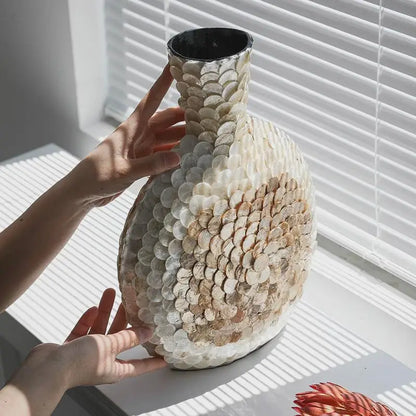 DecorBites™ Golden Shell Art Vase: Handmade Luxury Desktop Flower Arrangement & Home Decor