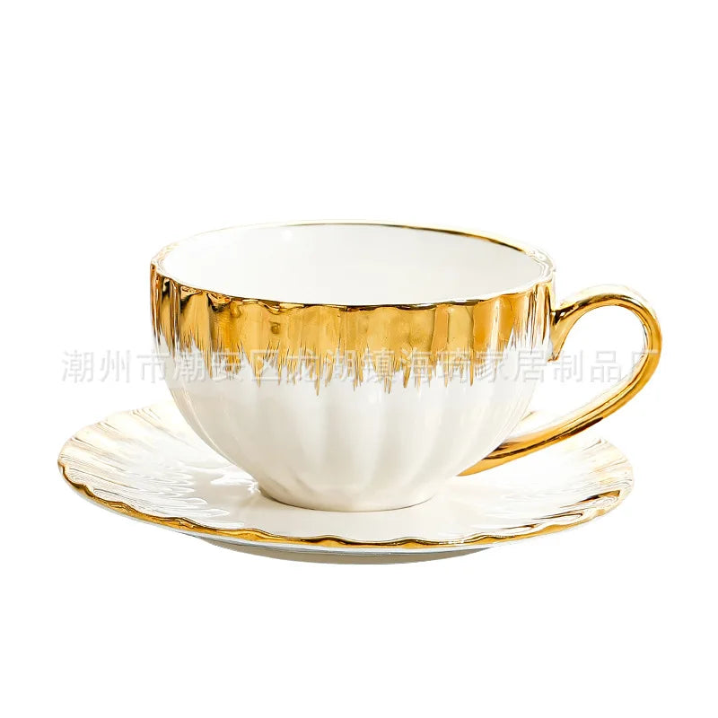 DecorBites™ Golden Ceramic Tea Cup Set, Elegant English Afternoon Tea, High Aesthetic Value