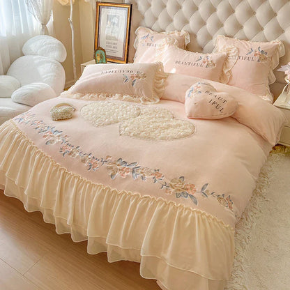 Decobites Pink Princess Lace Ruffle Bedding Set with Rose Embroidery, Fleece Duvet Cover, Sheet, Pillowcase