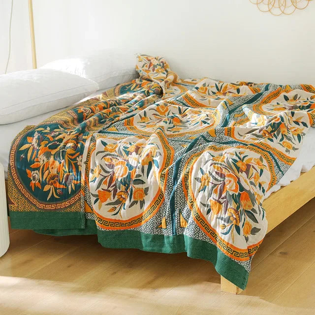 DecorBites™ Japanese Cotton Gauze Flower Blanket: Soft and Breathable Summer Throw