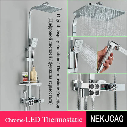 DecorBites™ Digital Display Thermostatic Shower Faucet Set, Rain Shower Column, Wall Mount - Black/Chrome