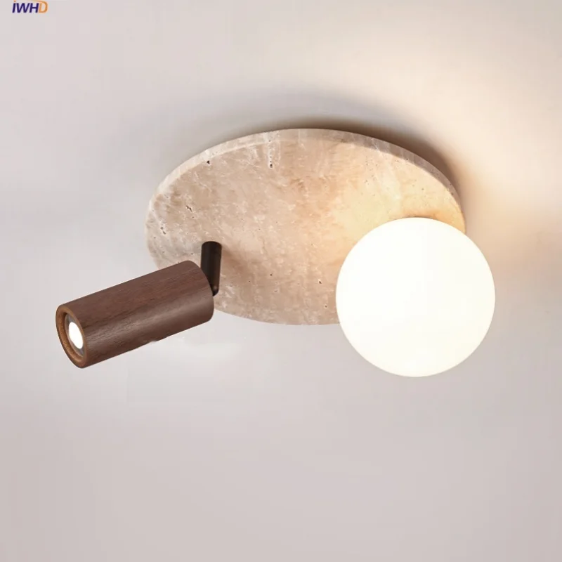 DecorBites™ LED Rotatable Ceiling Lamp White Glass Yellow Travertine Wood Nordic Modern
