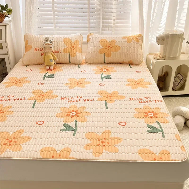 DecorBites™ Cartoon Print Silky Mattress Set: 4-Layer Quilted Breathable Cushion