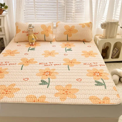 DecorBites™ Cartoon Print Silky Mattress Set: 4-Layer Quilted Breathable Cushion