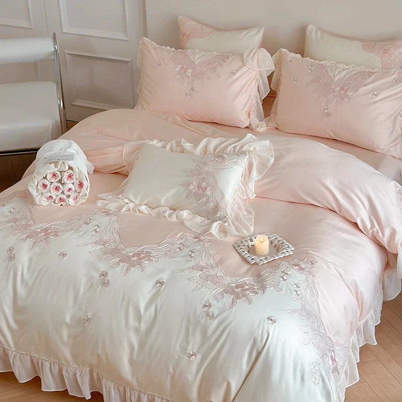 Decobites French Romantic Lace Ruffles Flowers Embroidery Bedding Set in Pink & Blue Cotton