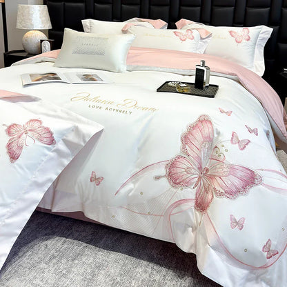 DecorBites™ Butterfly Embroidery 100% Egyptian Cotton Bedding Set with Luxury Duvet Cover