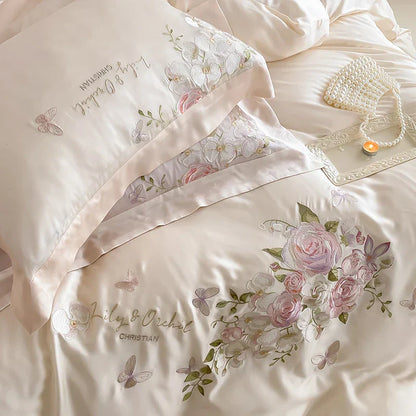 Decobites Butterfly Flowers Embroidery Bedding Set 800TC Soft Silky Duvet Cover Set