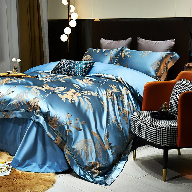 Decorbites™ Goldene Blätter Jacquard-Baumwoll-Bettwäsche-Set mit glatter ägyptischer Baumwoll-Daunenbettbezug