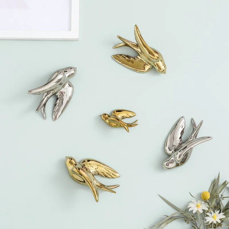 DecorBites™ Golden Bird Swallow Sculpture Wall Decor Three-dimensional Handicrafts