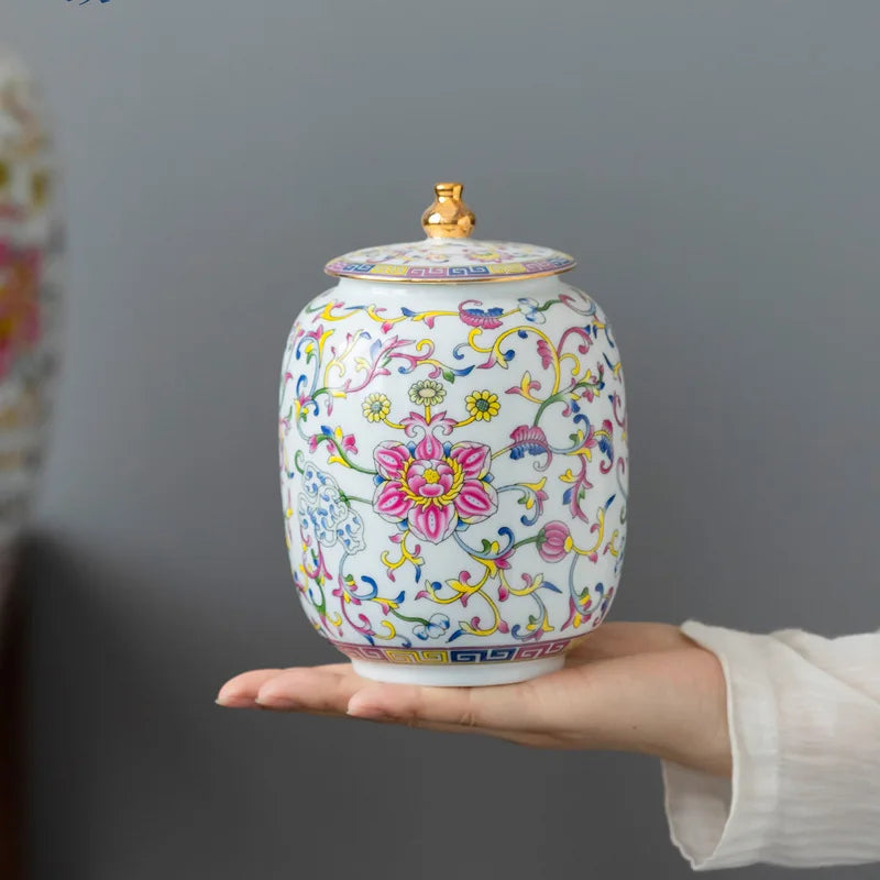 DecorBites™ Enamelled Porcelain Tea Caddy Ginger Jar - Desktop Storage Container