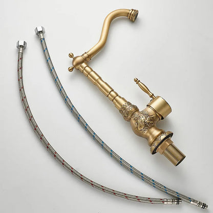 صنبور حوض الحمام DecorBites™ المصنوع من النحاس العتيق المنحوت، خلاط ساخن وبارد، صنبور مثبت على السطح