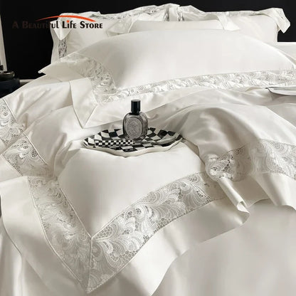 Decobites Lace Embroidery 1200TC Egyptian Cotton 4Pcs Bedding Set with Wide Hollow Design