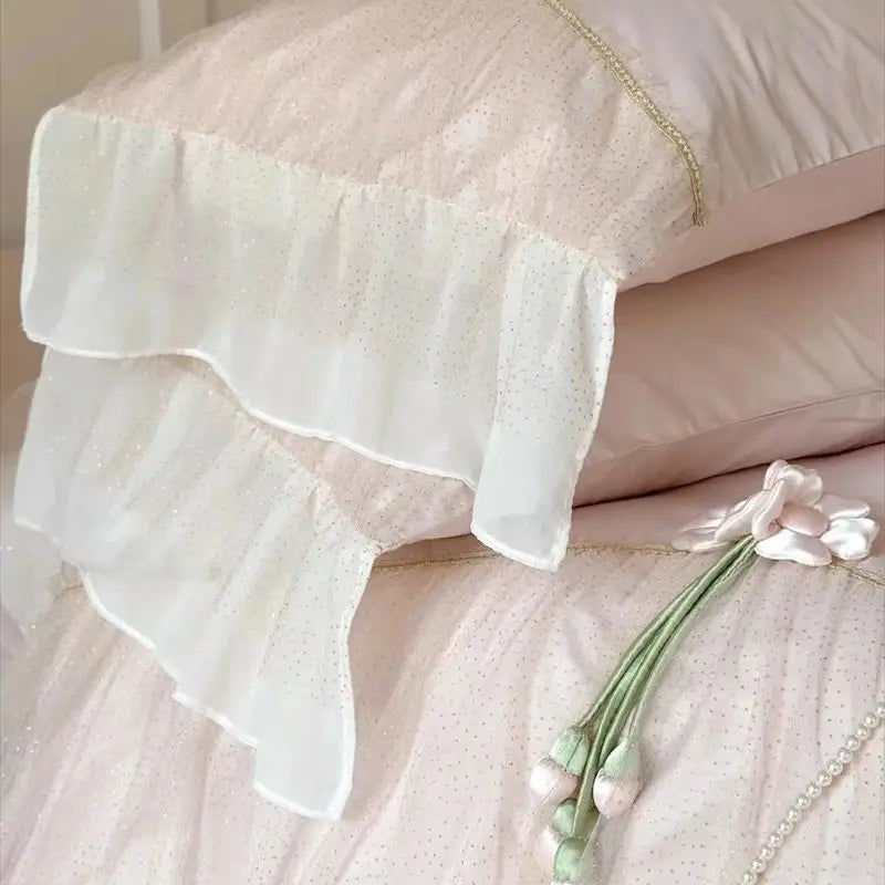 Decobites Princess 1000TC Egyptian Cotton Bedding Set with Handmade Flowers & Lace Ruffles