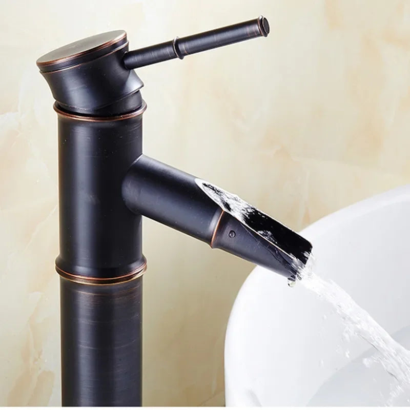 DecorBites™ Black Bronze Waterfall Faucet Bamboo Bathroom Sink Tap High Arch Mixer