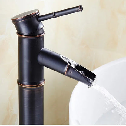 DecorBites™ Black Bronze Waterfall Faucet Bamboo Bathroom Sink Tap High Arch Mixer