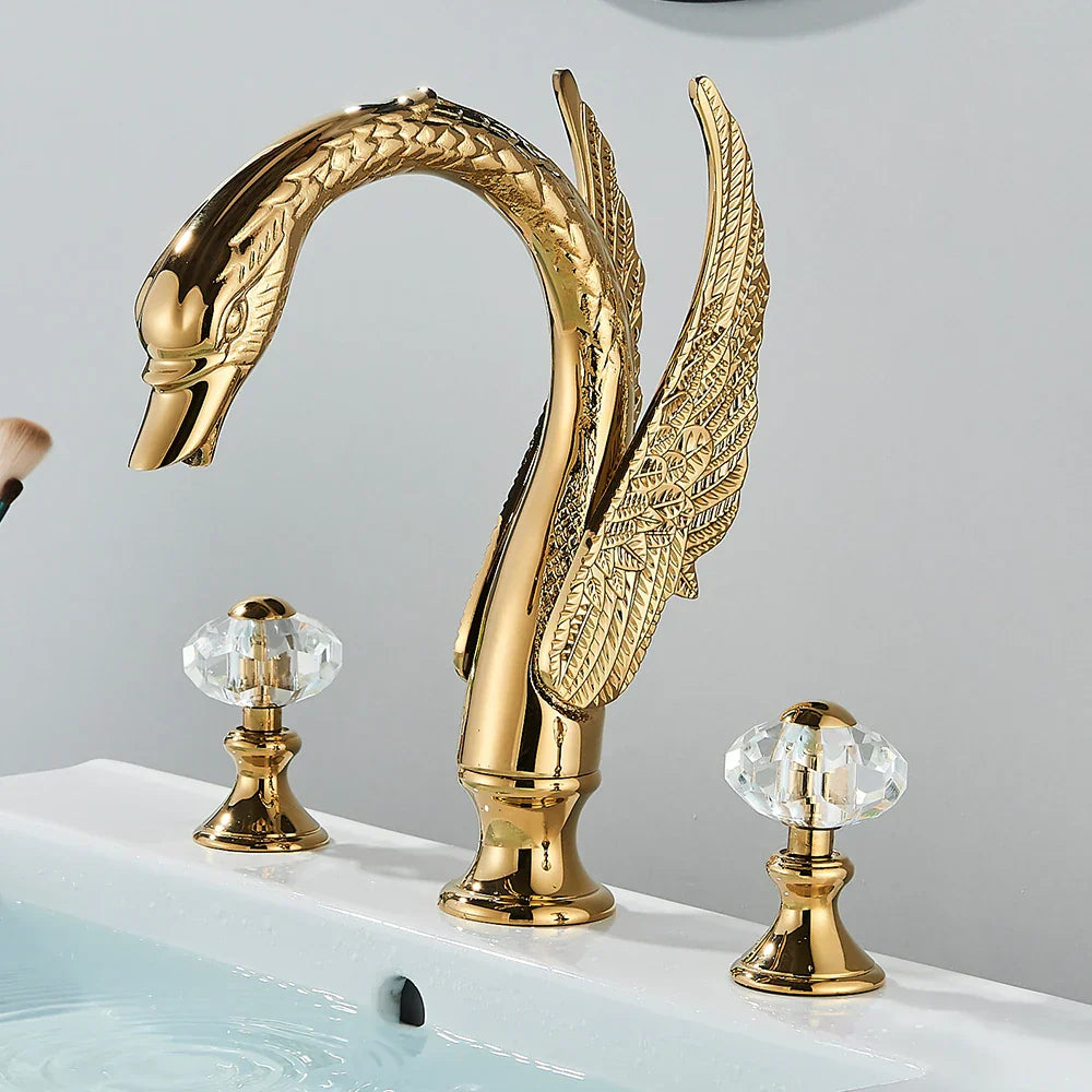 Decorbites™ Grifo de Lavabo de Dos Asas de Cristal Cisne Dorado
