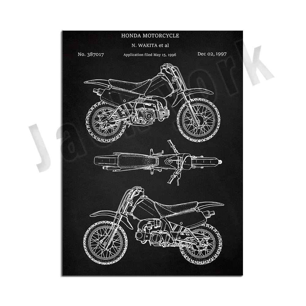 DecorBites™ Dirt Bike Patent Blueprint Poster Canvas Wall Art