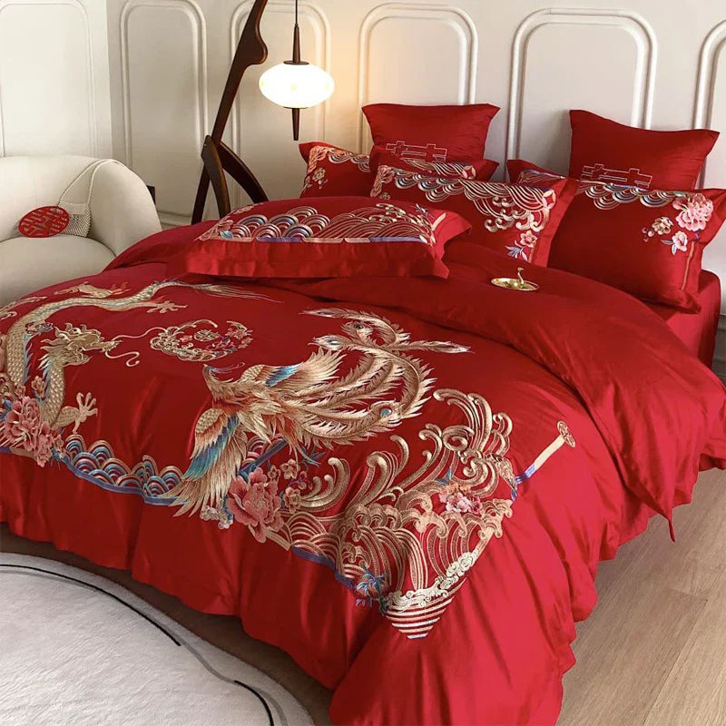 Juego de cama DecorBites™ Gold Loong Phoenix bordado, tamaño Queen, lujoso juego de 4 piezas con acabado cepillado.