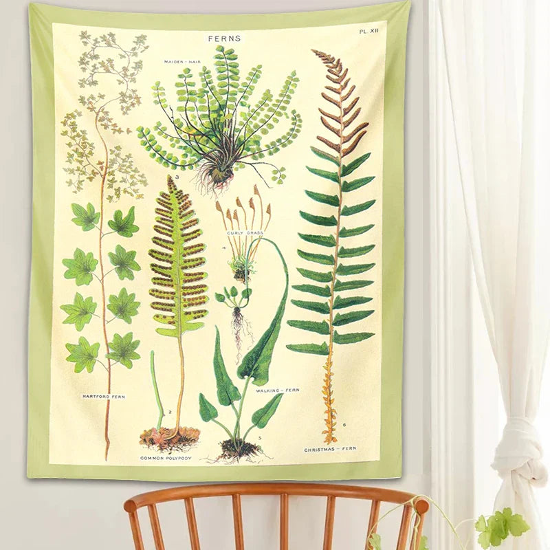 Decobites Ferns Tapestry: Botanical Floral Illustration Chart Wall Art - Boho Decor