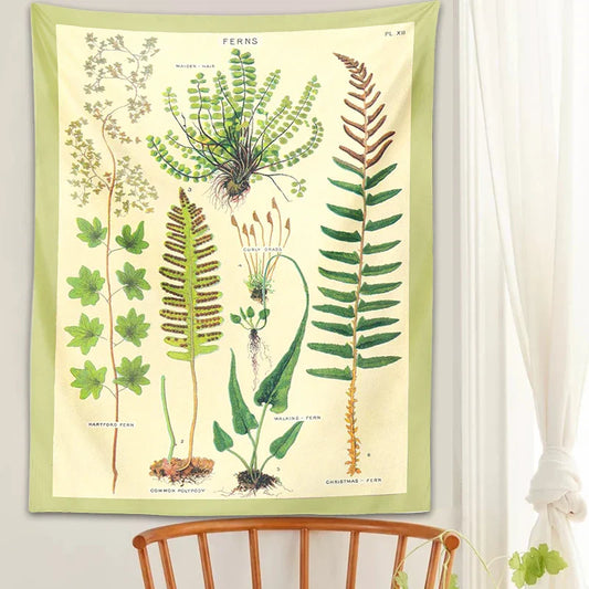 Decobites Ferns Tapestry: Botanical Floral Illustration Chart Wall Art - Boho Decor