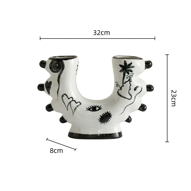 DecorBites™ Graffiti Ceramic Vase U-Shape Hand-Painted Abstract Handicraft Floral Arrangement Accessory