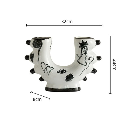 DecorBites™ Graffiti Ceramic Vase U-Shape Hand-Painted Abstract Handicraft Floral Arrangement Accessory
