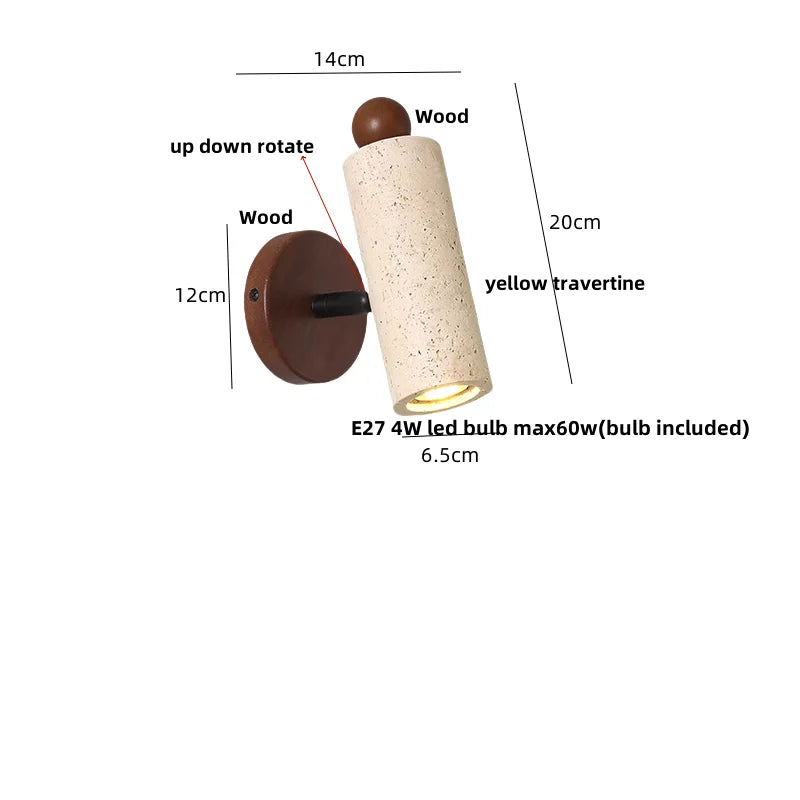 Aplique de pared LED DecorBites™ de madera de travertino amarillo, estilo nórdico moderno, con función de rotación.