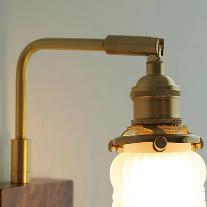 DecorBites™ Brass Walnut Wood LED Wall Sconce with Pull Chain Switch & Flower Glass