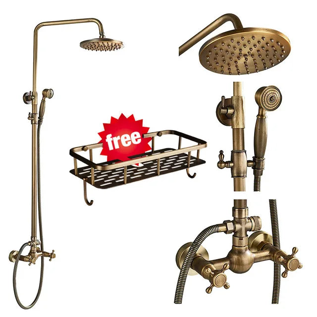 Juego de grifería para ducha DecorBites™ de latón antiguo con cabezal tipo lluvia de 8" y rociador giratorio