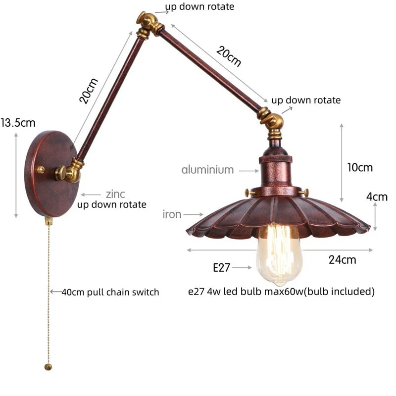 DecorBites™ Gold Industrial LED Wall Lamp with Pull Chain Switch for Home Decor