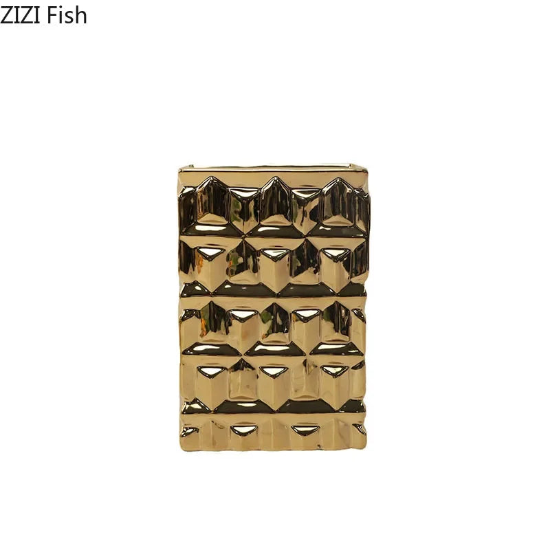 DecorBites™ Golden Square Ceramic Vase with Artificial Flowers for Room Aesthetic Decor