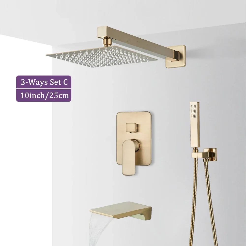 DecorBites™ Brushed Gold Shower Faucet Set 2/3 Way Rainfall Bathtub Mixer Wall Mounted Box