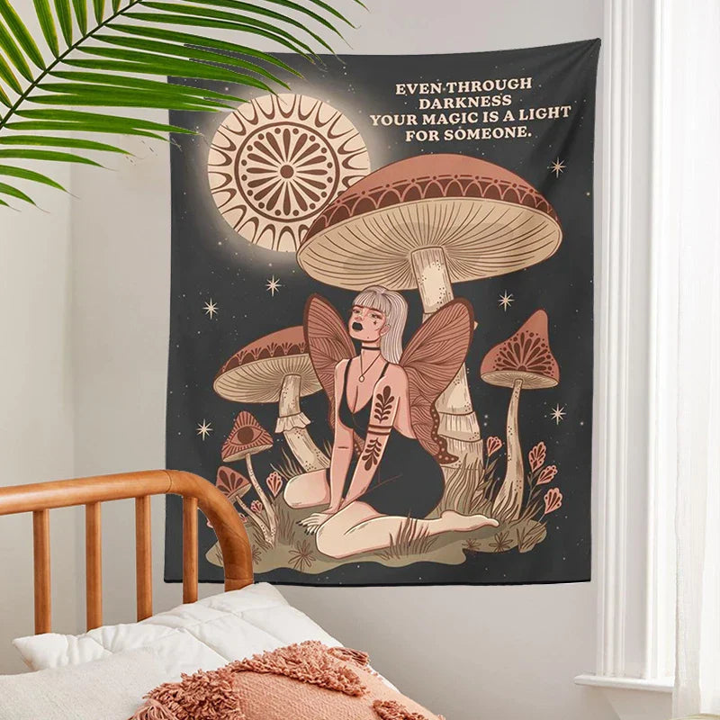 Decobites Psychedelic Mushroom Woman Tapestry Wall Hanging for Hippie Bohemian Decor