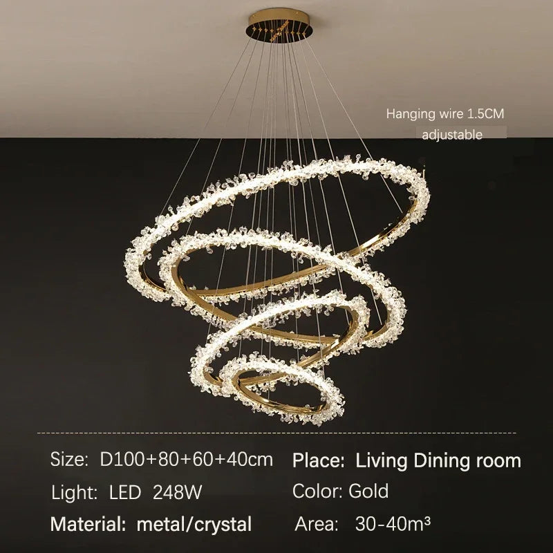 DecorBites™ Golden Round Crystal Chandelier | Nordic Luxury LED Halo Chandelier for Living Room