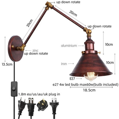 DecorBites™ Gold Long Arm LED Wall Sconce with Pull Chain Switch, Adjustable Industrial Bedside Lamp