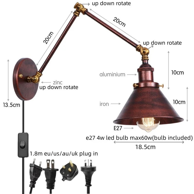 DecorBites™ Gold Long Arm LED Wall Sconce with Pull Chain Switch