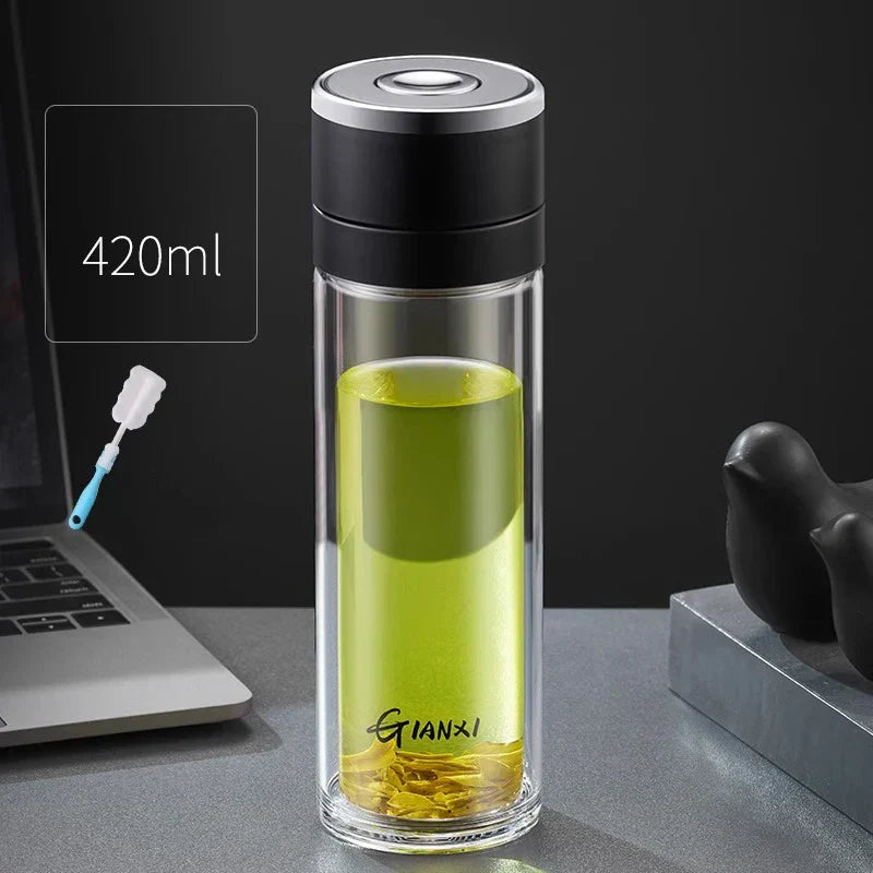 DecorBites™ Insulated Glass Cup: Large Capacity, One-Click Open Lid, Heat-Resistant Double-Layer