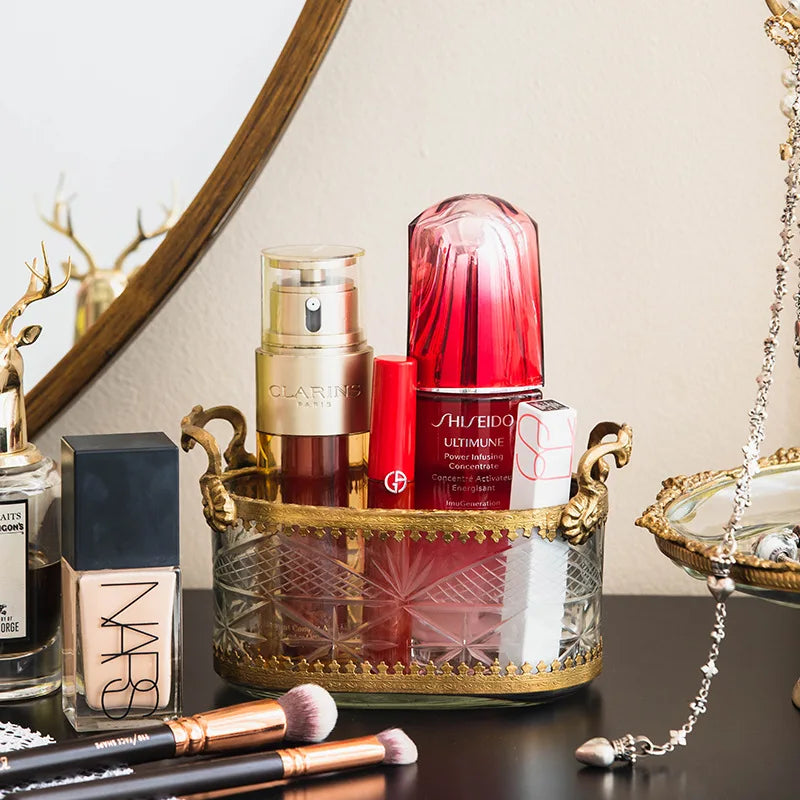 DecorBites™ Brass & Carved Glass Jewelry Makeup Pen Storage Box Dry Fruit Snack Plate