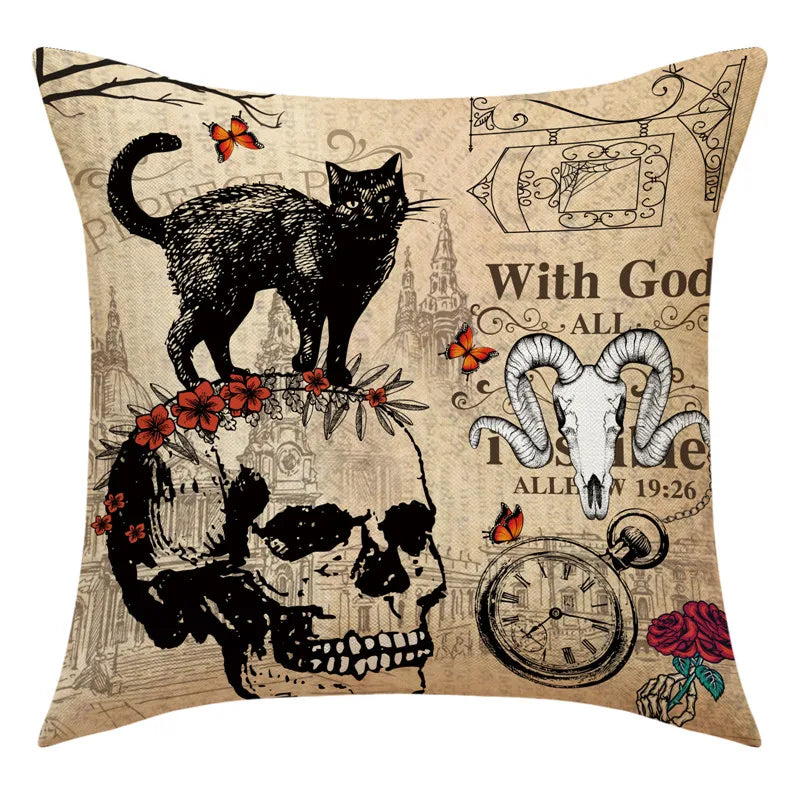 Decorbites™ Halloween-Kissenbezug-Set – Festive Bezüge für Sofakissen mit Druck von Kürbis, Katze und Hexenhut.