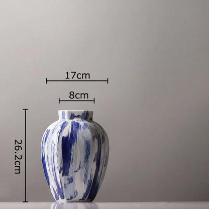 DecorBites™ Blue & White Porcelain Vase: Ink Style Flowers, Aesthetic Room Decor