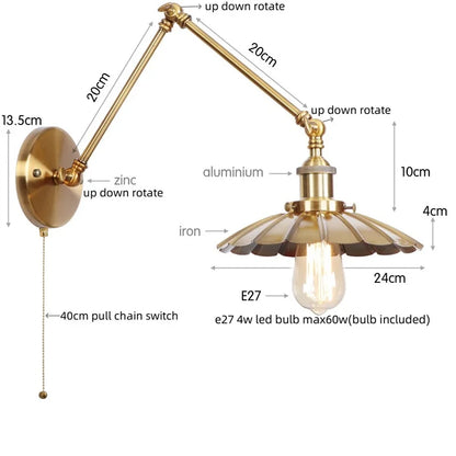 DecorBites™ Gold LED Industrial Wall Lamp with Pull Chain Switch