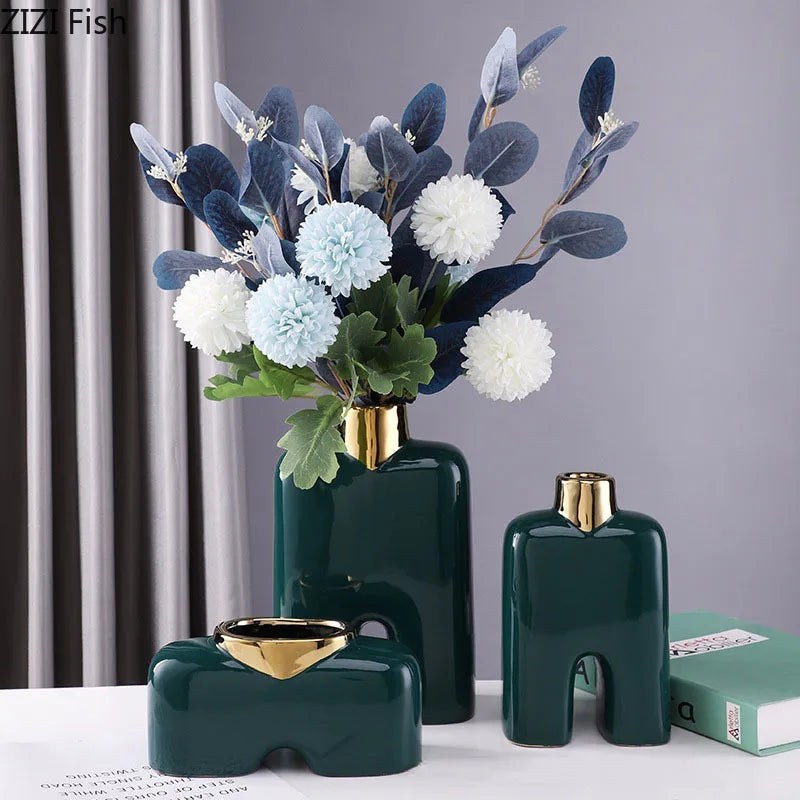 DecorBites™ Gold Ceramic Vase Desk Decor Artificial Flower Arrangement Aesthetic Room Vase