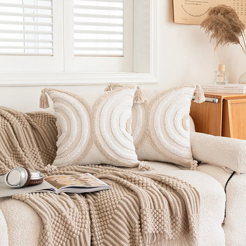 Funda de cojín DecorBites™ geométrica con mechones en beige y gris, estilo nórdico para decoración moderna