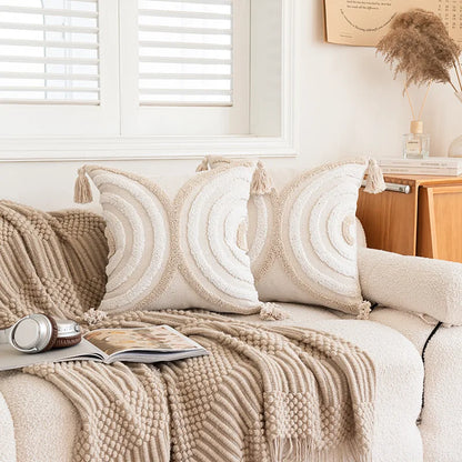 Funda de cojín DecorBites™ geométrica con mechones en beige y gris, estilo nórdico para decoración moderna