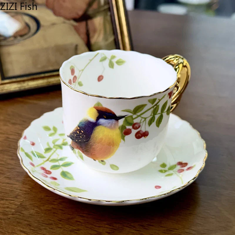 DecorBites™ Bird Pattern Ceramic Gold-plated Coffee Mug & Saucer Set