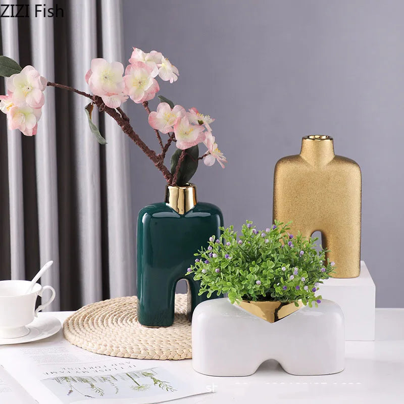 DecorBites™ Gold Ceramic Vase Desk Decor Artificial Flower Arrangement Aesthetic Room Vase