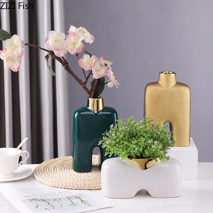 DecorBites™ Gold Ceramic Vase Desk Decor Artificial Flower Arrangement Aesthetic Room Vase